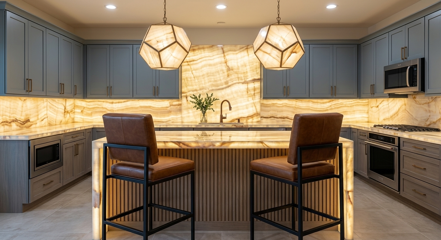 Cozinha de luxo com ilha e backsplash em ônix translúcido retroiluminado