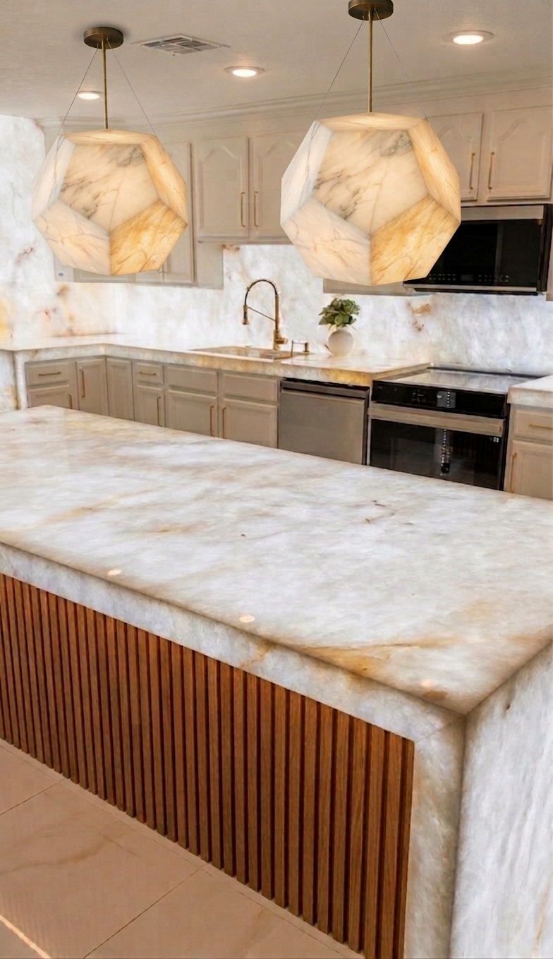 Cozinha luxuosa revestida com quartzito Cristallo retroiluminado e luminárias de ônix