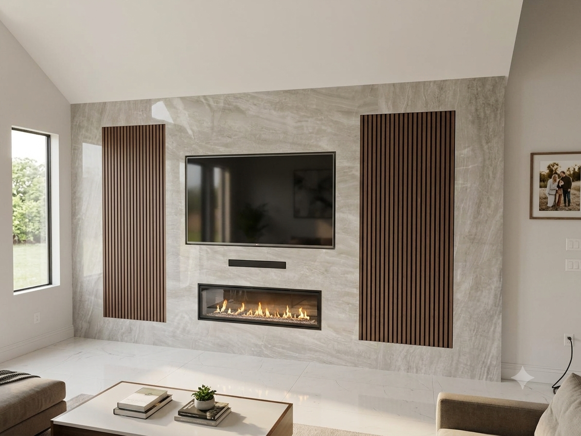 Painel de TV luxuoso com lareira elétrica embutida e detalhe ripado em Dr. Phillips