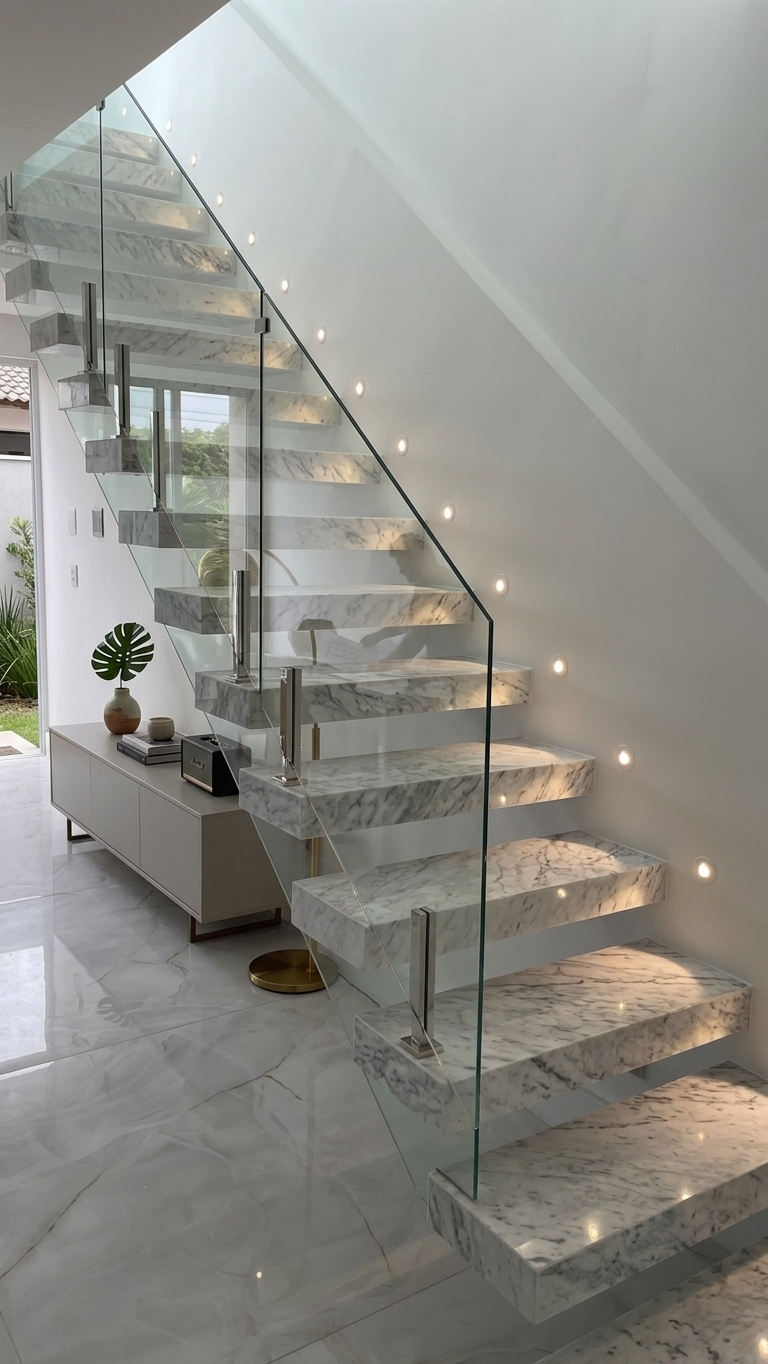 Escada flutuante em mármore Calacatta com guarda-corpo de vidro e iluminação embutida