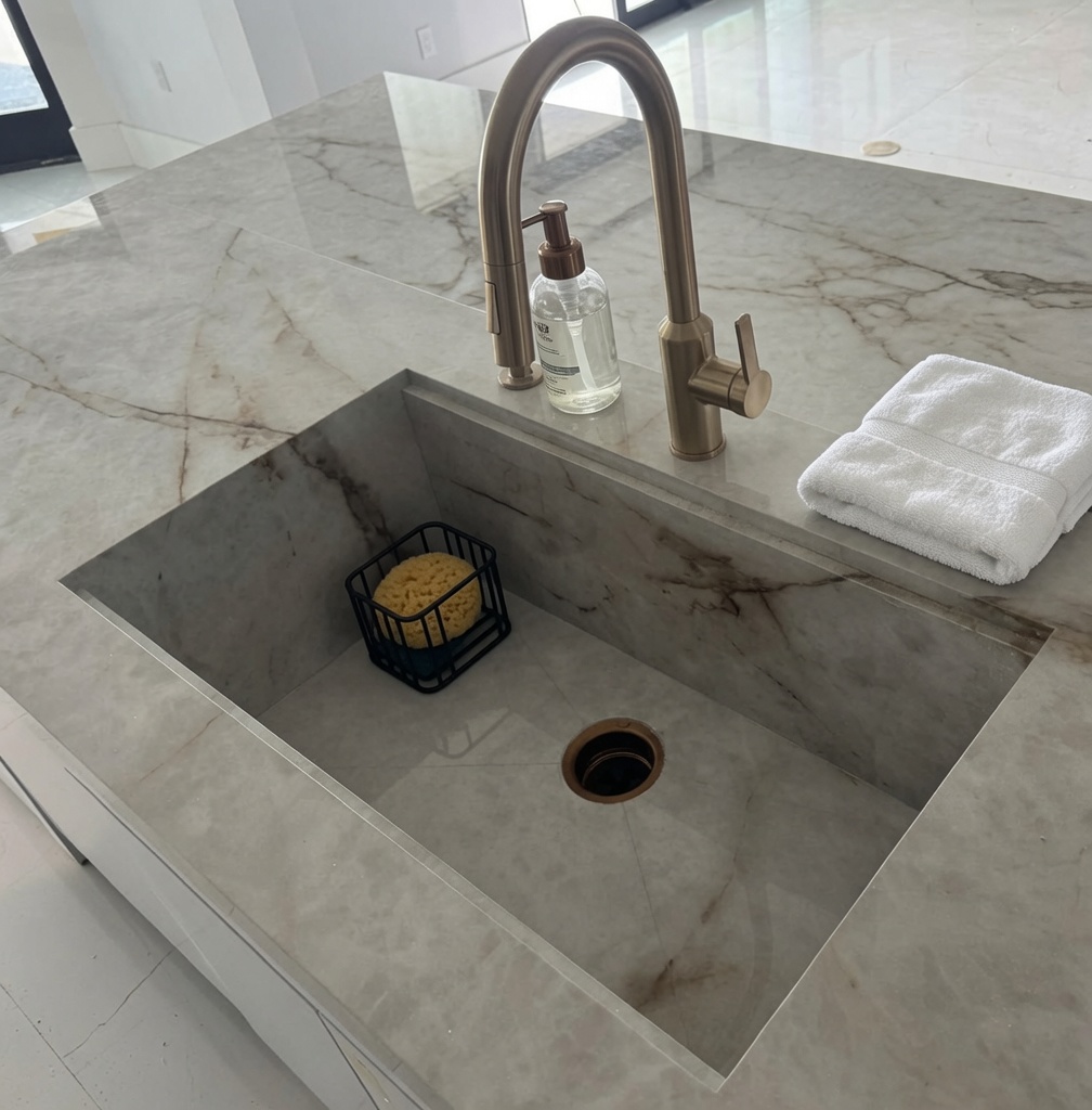 Detalhe aproximado de pia integrada esculpida em porcelanato com torneira dourada de luxo